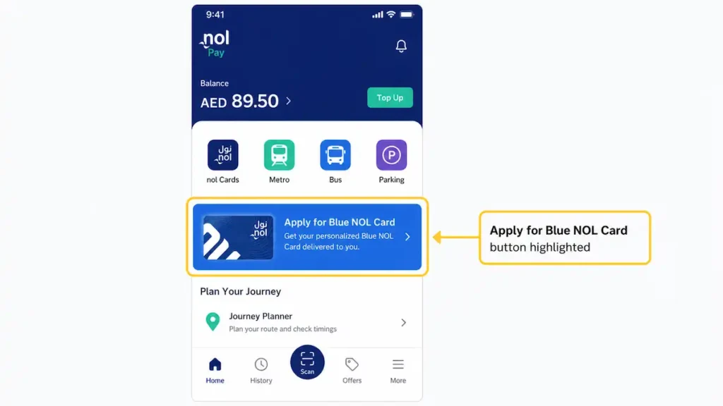nol Pay app home screen with the 'Apply for Blue NOL Card' button